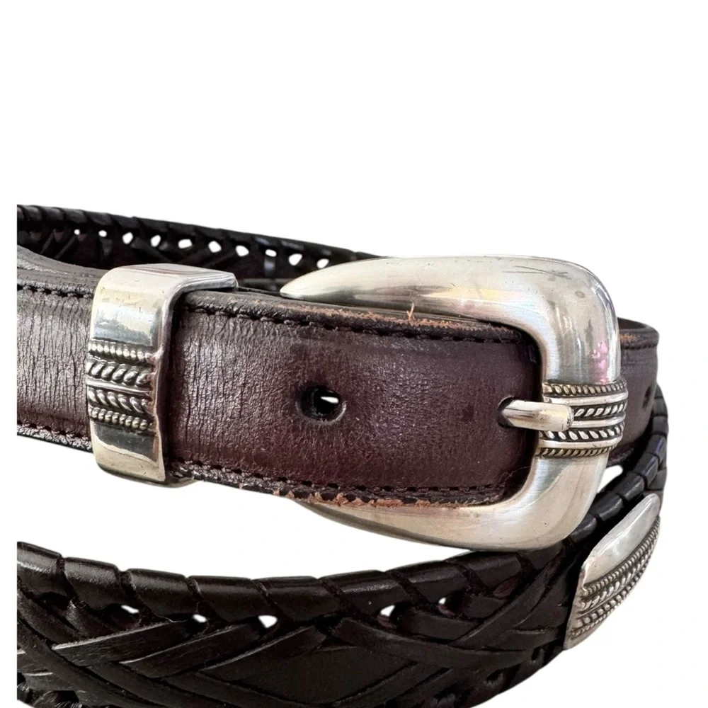 VTG Brighton Men's Brown woven Leather Belt with Silver Buckle 42 B065000